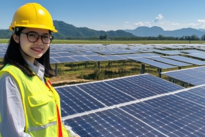 Female Owner of Local Solar Company Standing at Her Solar Farm