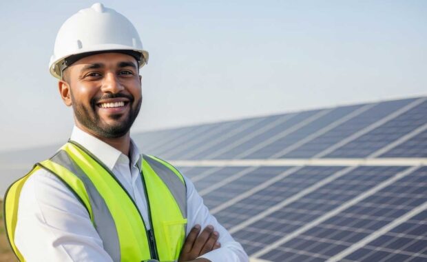 Local Solar Engineer Standing in Front of Solar Plant
