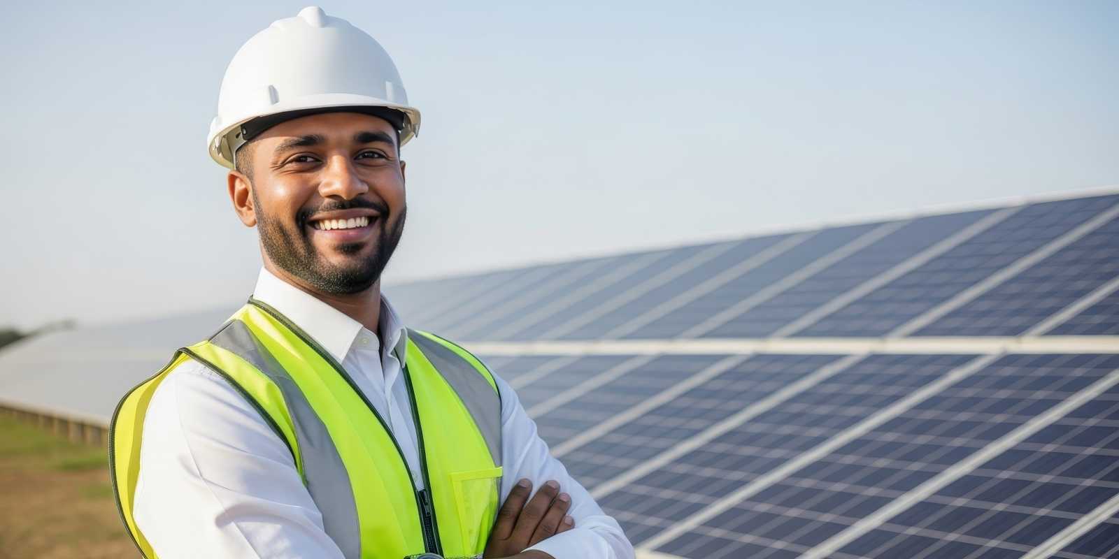 Local Solar Engineer Standing in Front of Solar Plant