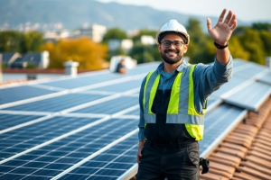 Local Solar Installer on Site Waving Hand Toward Camera