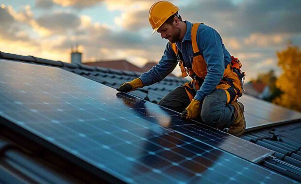 Local Solar Technician Installing Solar Panles on A Rooftop