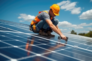 Local Worker Installing Solar Panels on House Roof with Drill Machine
