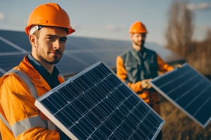 Local Workers Installing Solar Panels Outdoors