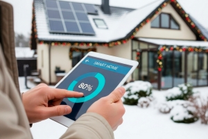 Man Holding A Tablet with Digital Data of Solar Energy Efficiency
