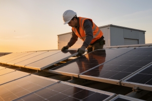 Professional Worker Installing Solar Panels on Rooftop in Maryland