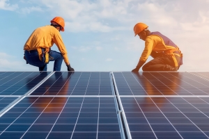 Professional Workers Installing Solar Panels on Building Rooftop