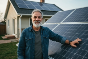 Smiling Homeowner Standing Near Solar Panels Installed at His Rooftop