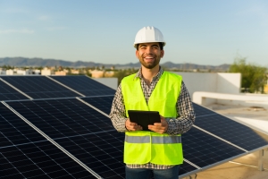 Smiling Solar Engineer with Tablet Standing Near Panels Installed