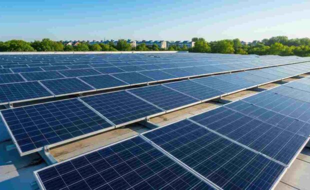 Solar Panels on A Rooftop with Trees and Buildings in Background