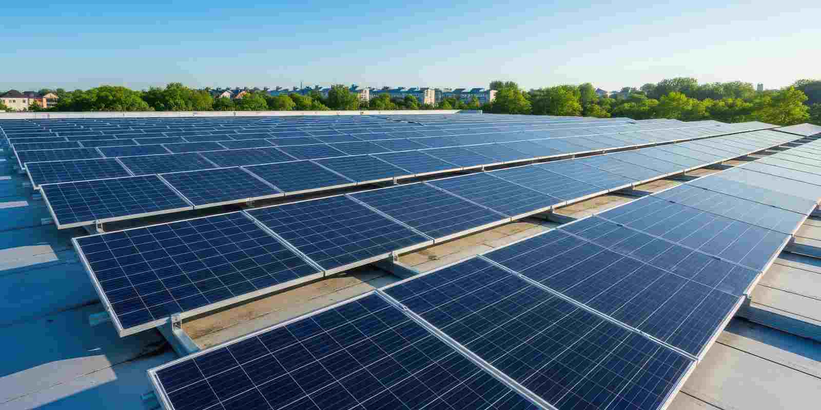 Solar Panels on A Rooftop with Trees and Buildings in Background