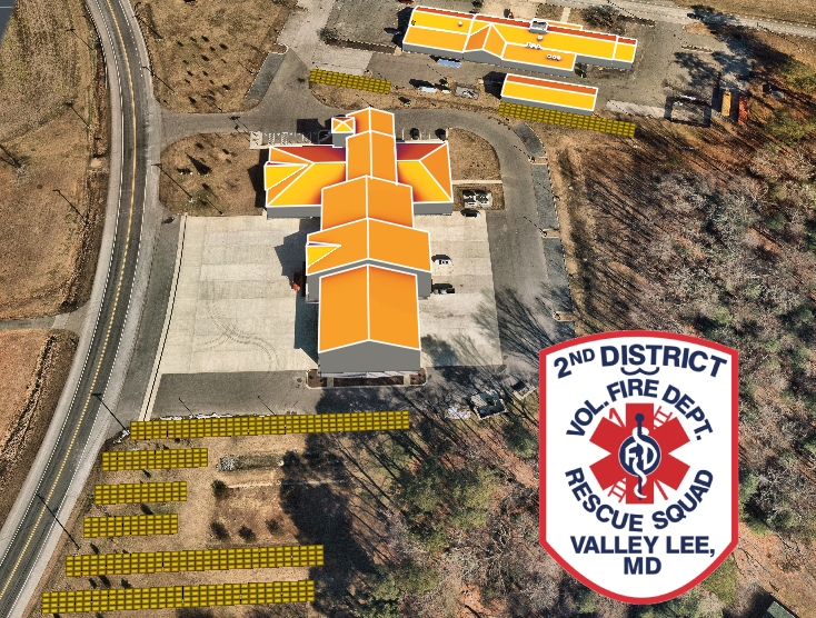 Aerial design mockup of the proposed solar panel installation at the 2nd District Volunteer Fire Department and Rescue Squad in Valley Lee, MD, showing ground-mounted arrays and roof potential.