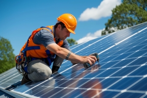Local Technician Setting Up Solar Panels on Residential Building Rooftop in Maryland