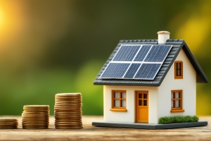 Small Model House with Solar Panels and Increasing Stack of Coins on Wood Table
