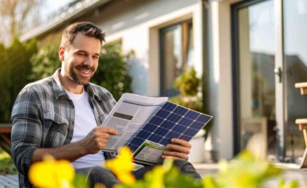 Smiling Homeowner Reviewing Electricity Bill with Solar Energy Savings