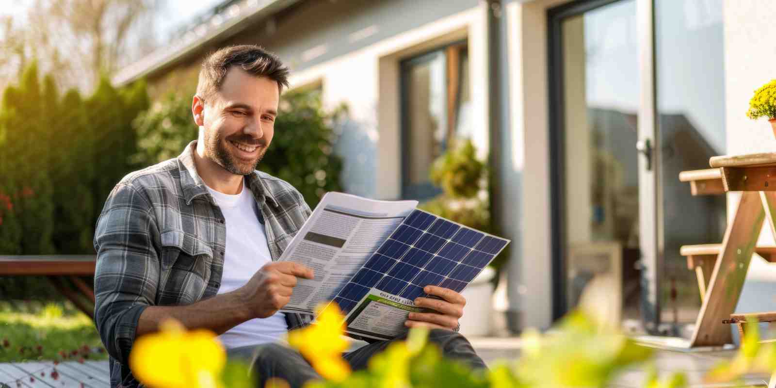 Smiling Homeowner Reviewing Electricity Bill with Solar Energy Savings