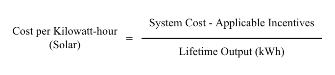 LCOE formula showing cost per kilowatt-hour equals net system cost divided by total lifetime output in kWh.