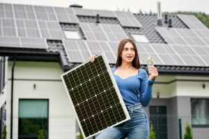 Woman Holding Solar Panel and Showing Money Near House with Rooftop Panels