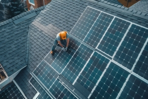 Worker Installing Solar Panels on A Residential Roof in Maryland