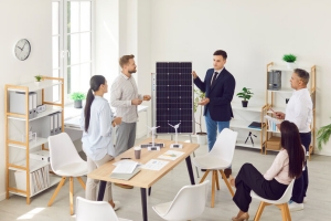 Company Owner Explaining State Incentives for Solar Panel Installation