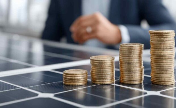 Increasing Stacks of Coins on Solar Panels Representing ROI