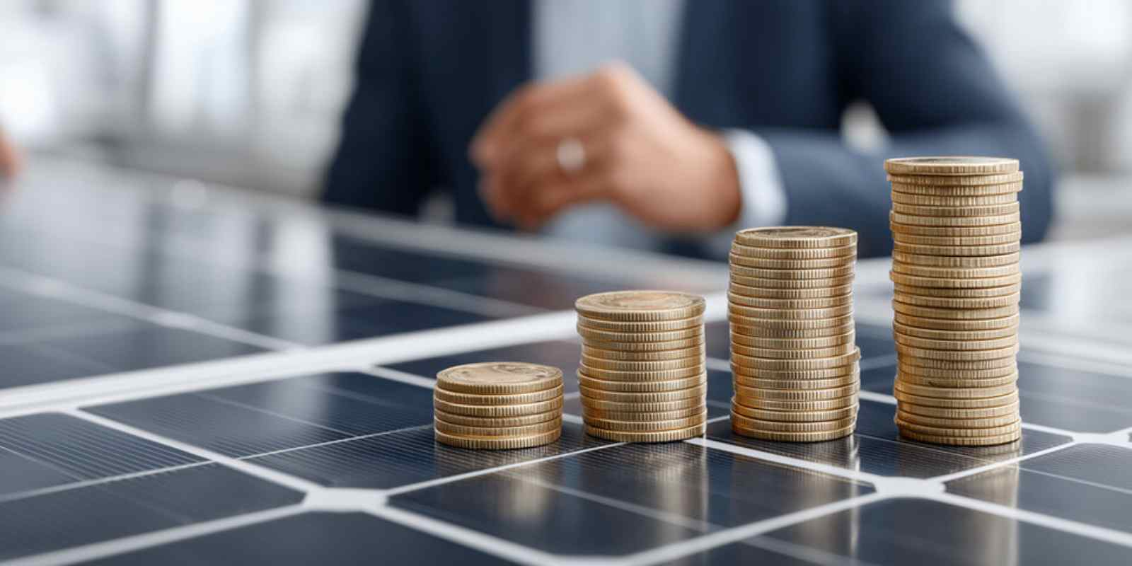 Increasing Stacks of Coins on Solar Panels Representing ROI