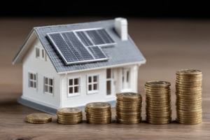Miniature House with Solar Panels and Increasing Stacks of Coins Representing Positive ROI