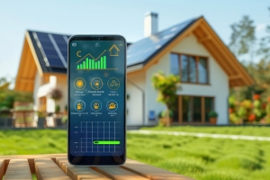 Smartphone with Energy Consumption Analytics on Screen in Front of House with Solar Panels