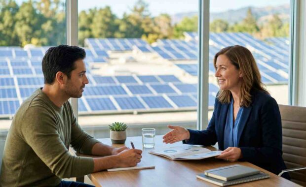 Man Discussing Financing Options for Solar Panels with Company Owner in Maryland