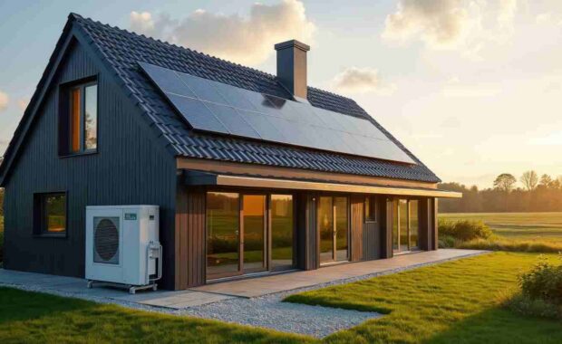 Modern House in Maryland with Solar Panels on Roof and Air Source Heat Pump