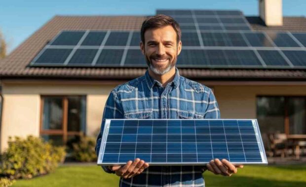 Person Holding a Solar Panel in Front of His Home