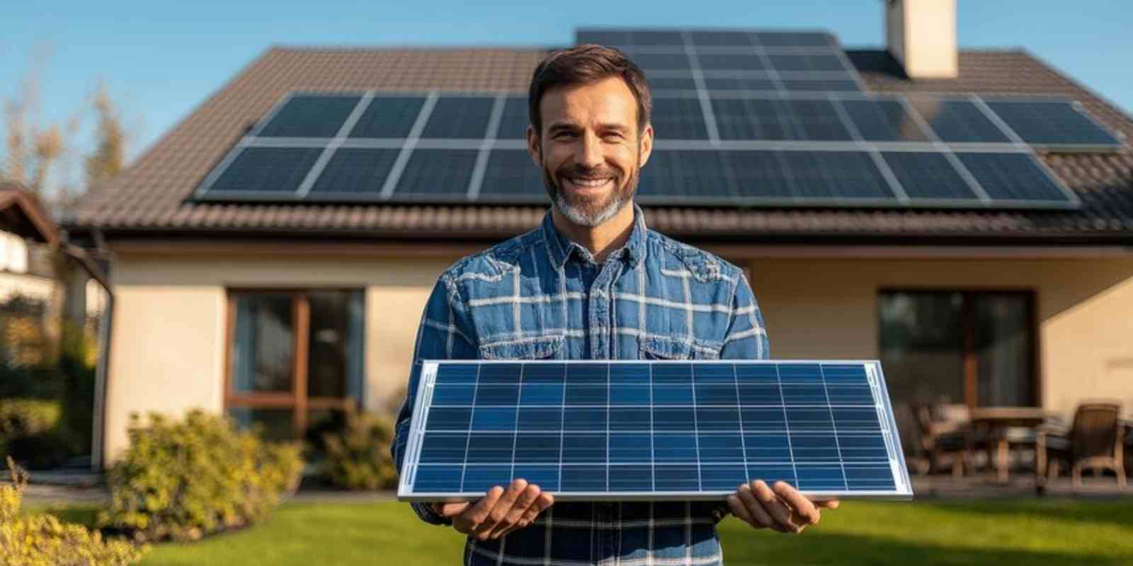Person Holding a Solar Panel in Front of His Home