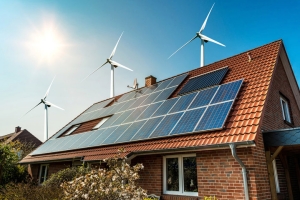 Solar Panels on Roof of a Maryland House and Wind Turbins Arround