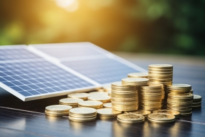 Stacks of Coins Near Solar Panel Representing Solar Loan Concept