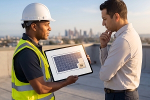 Engineer Showing Solar Panel Plan on Tablet to Client on Rooftop