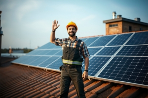 Local Solar Installer Waving Hand Standing in Front of Solar Panels on a House Rooftop