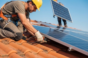 Local Solar Panel Installer Connecting Wires on A Residential Tiled Rooftop