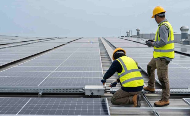 Male Technicians Installing Solar Panels on Building Roof