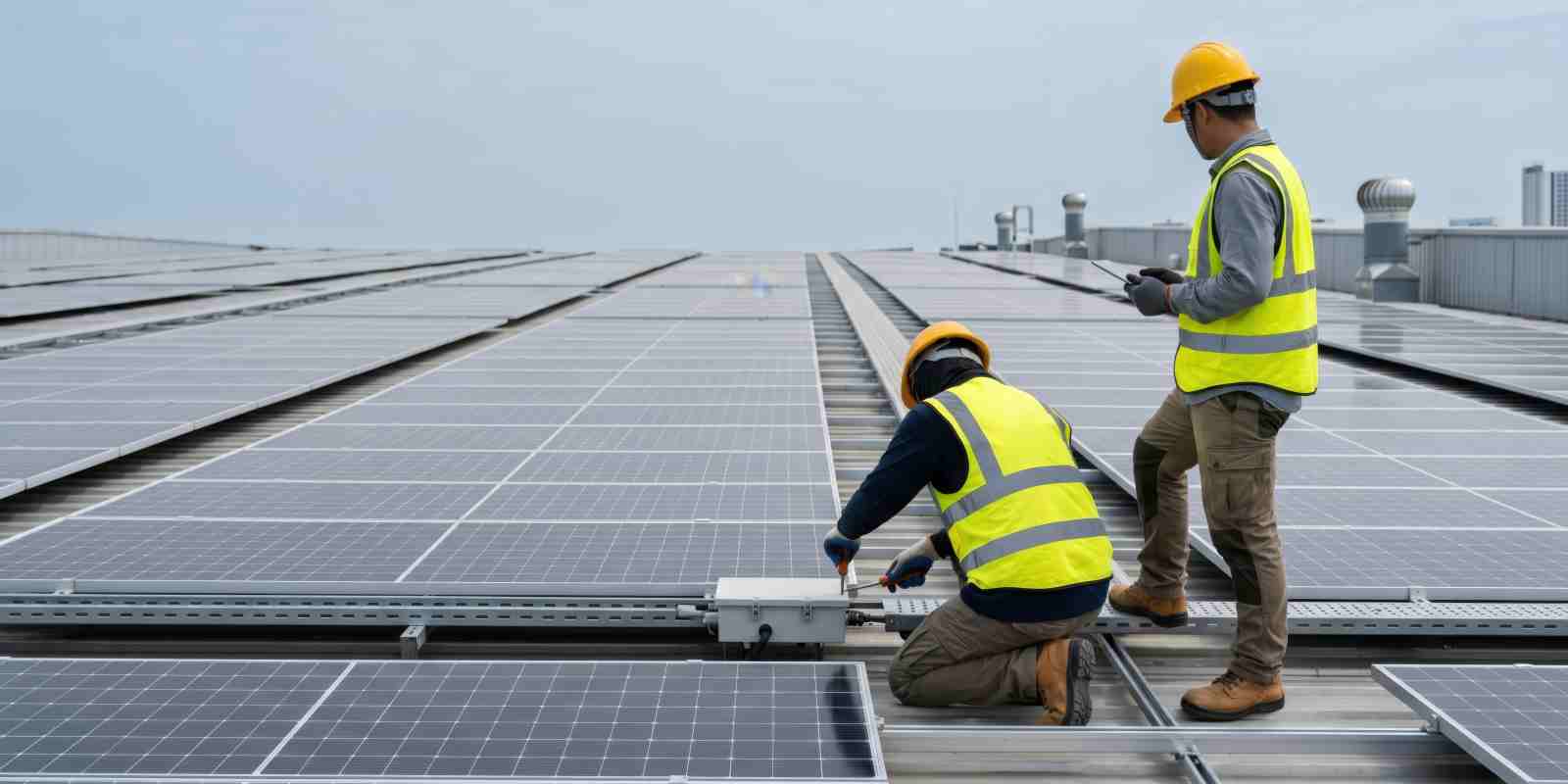 Male Technicians Installing Solar Panels on Building Roof