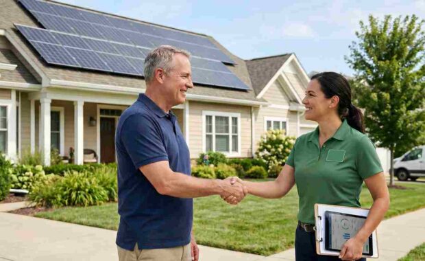 Maryland Homeowner Shaking Hands with Solar Company Worker