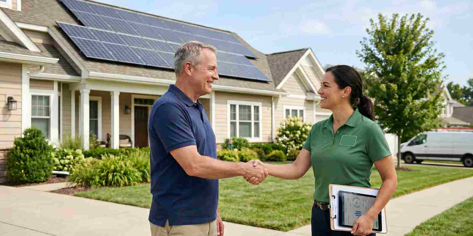 Maryland Homeowner Shaking Hands with Solar Company Worker