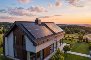 Modern House with Solar Panels on Rooftop to Reduce Carbon Footprint