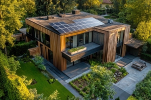 Modern Wooden House with Solar Panels on Flat Roof