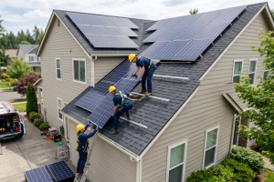 Residential Solar Retrofit Team Lifting Panel Onto House Roof in Maryland