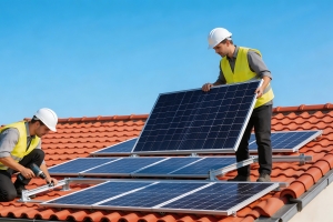 Solar Workers Installing Panels on a Maryland House Tiled Roof