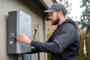 Technician Setting Up Final Connection to Solar System after Getting Permission to Operate