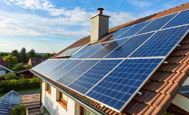 Blue Solar Panels Installed on House Rooftop for Efficient Energy