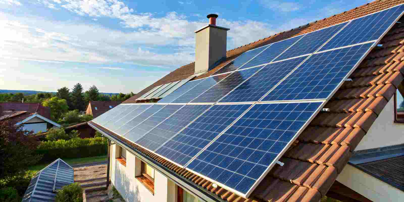 Blue Solar Panels Installed on House Rooftop for Efficient Energy