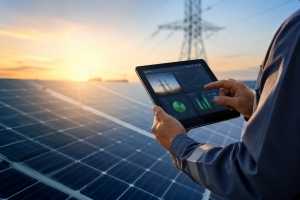 Engineer Monitoring Solar Energy Performance on Digital Dashboard Near Solar Panels