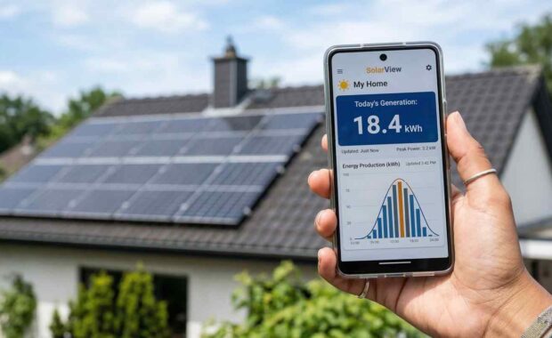 Hand Holding Smartphone Displaying Daily Solar Performance App in Front of Residential Rooftop Panels