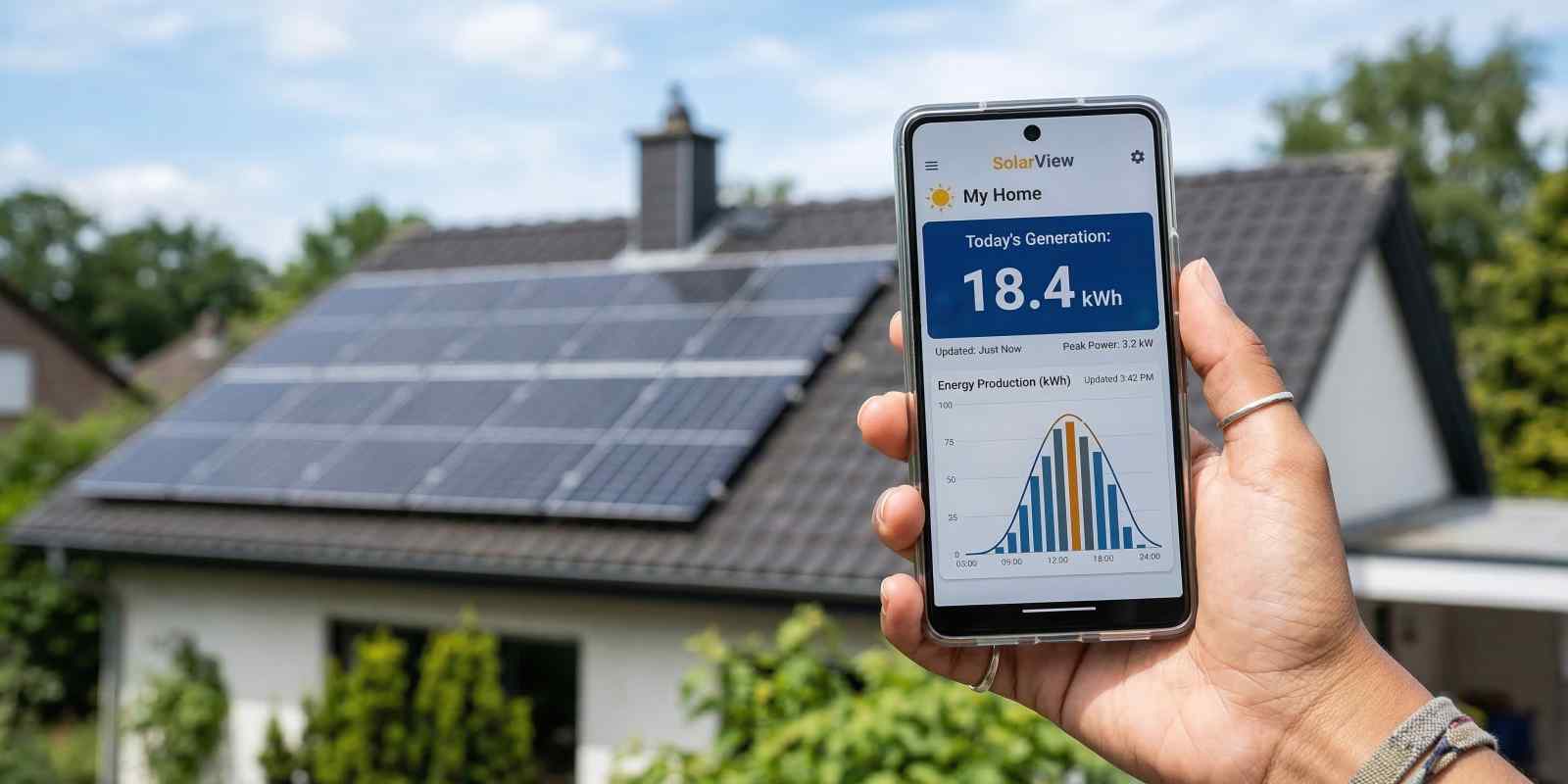 Hand Holding Smartphone Displaying Daily Solar Performance App in Front of Residential Rooftop Panels